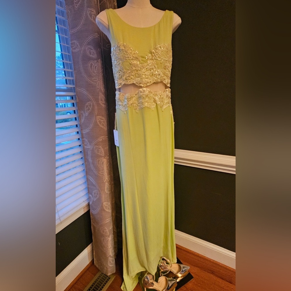 Bright Lime Green Gown trimmed in Lace in middlee with opening and sheer back.